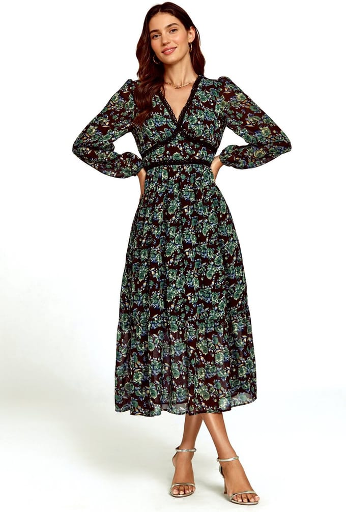 Midi-jurk met bloemenprint en lange mouwen in bruin