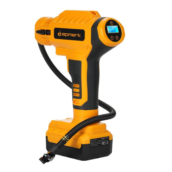 Compresseur d'air de gonfleur de pneu sans fil Lepmerk 20 V alimenté par batterie rechargeable 150 PSI portable jaune