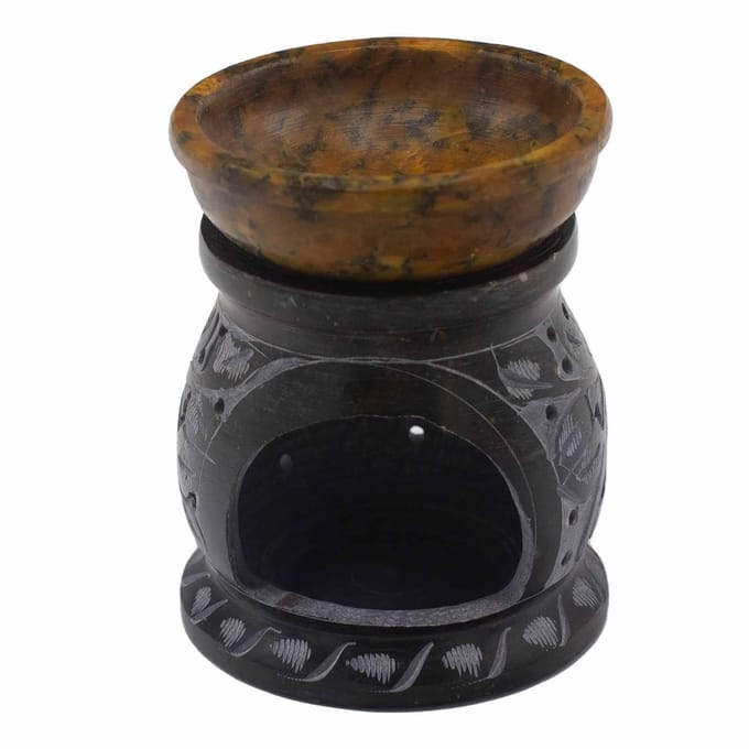 Zeepsteen oliebrander 10 cm - Mandala bloem - zwart & geel