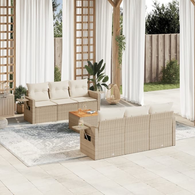vidaXL - 7-delige - Loungeset - met - kussens - poly - rattan - beige