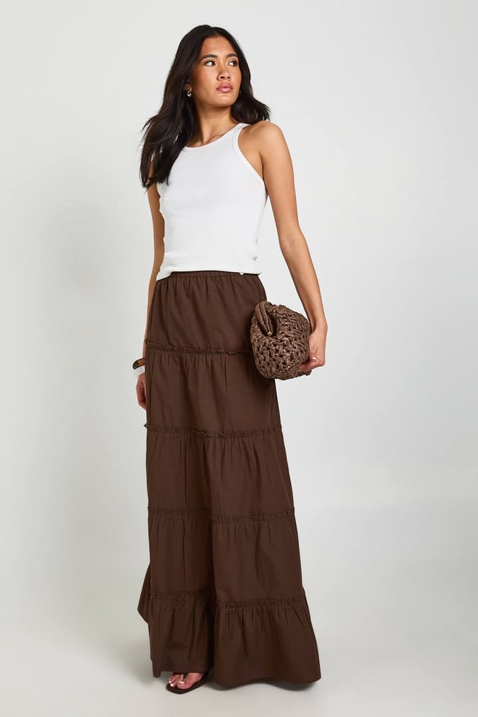 boohoo Dames Gelaagde Katoenen Popeline Maxi Rok | Chocoladebruin | Maat: 44