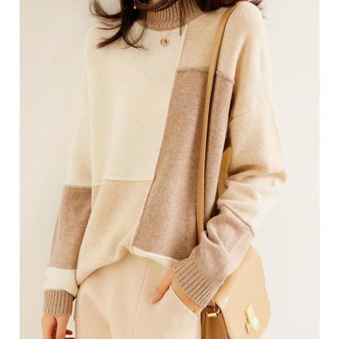 Pull à Col Haut Bloc de Couleurs Irrégulier pour Femme Coupe Ample et Tendance Pull de Base 2XL beige