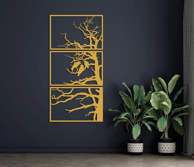 Metalen Wanddecoratie Boom Panelen – 3D Wandkunst – Goud – 160 x 80 cm – Set van 3