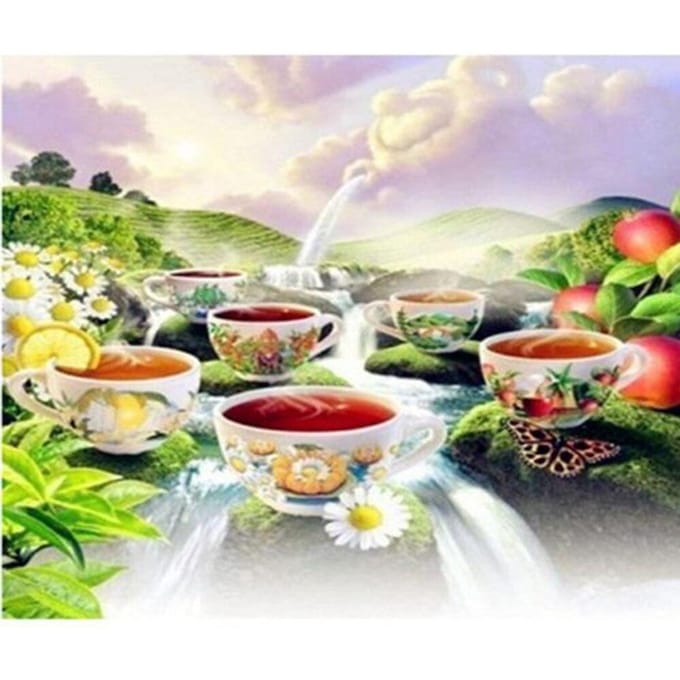 Tasse à café en diamant brodée de fleurs, point de croix circulaire 3D, nuages blancs 20X30CM beige