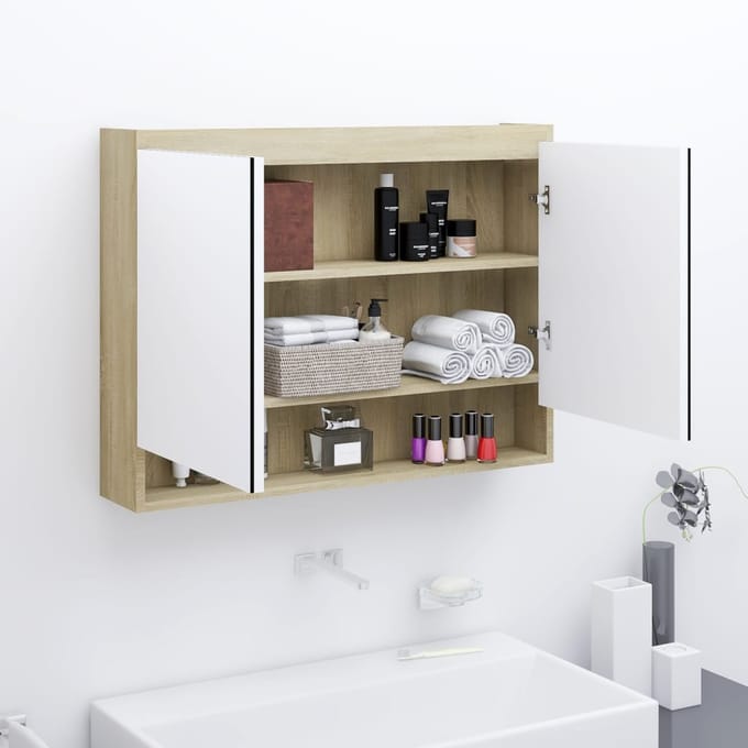 vidaXL - Badkamerkast - met - spiegel - 80x15x60 - cm - MDF - wit - en - eikenkleurig