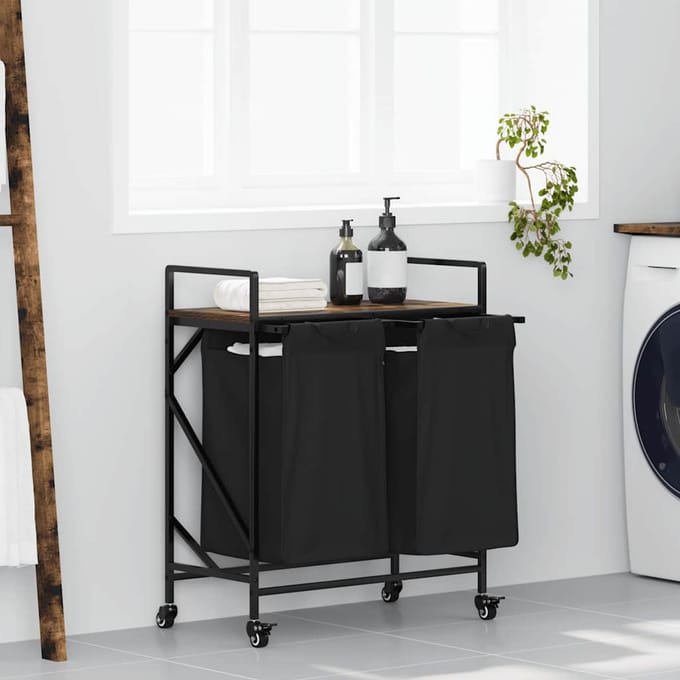 vidaXL - Wasmand - 2 - vakken - met - planken - gerookt - eikenkleurig