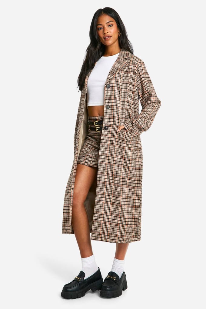 boohoo Dames Lange geruite jas met wollen-look | Stone | Maat: 6