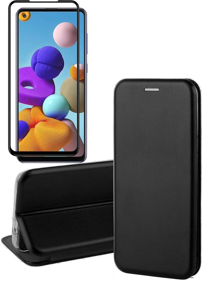 Hoesje geschikt voor Samsung Galaxy A21s - Screen Protector FullGuard - Book Case Kunstleer ThinShield Zwart & Screenprotector