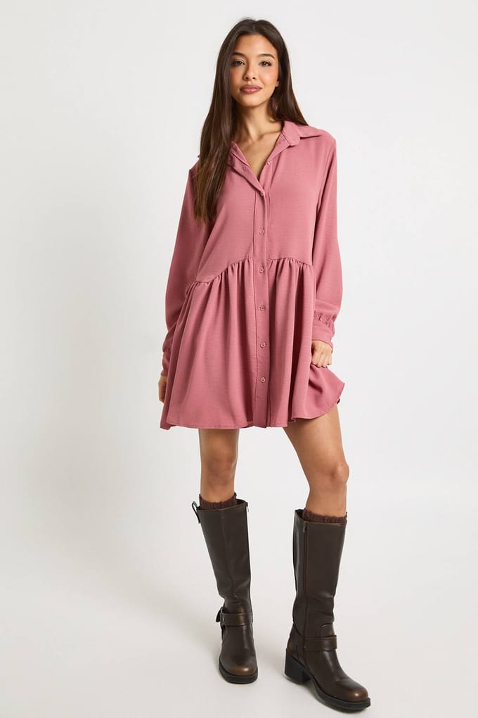 boohoo Dames Gehamerde smockjurk met volumemouwen | Rose | Maat: 8