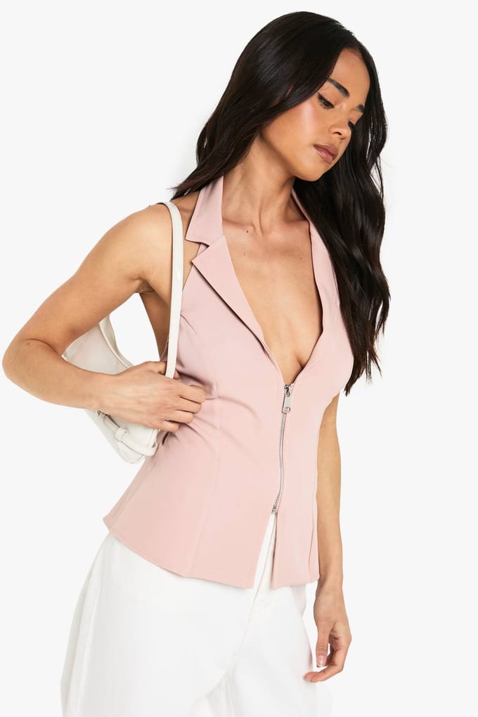 boohoo Dames Geweven Halterneck-vest met ritssluiting | Baby Roze | Maat: 34