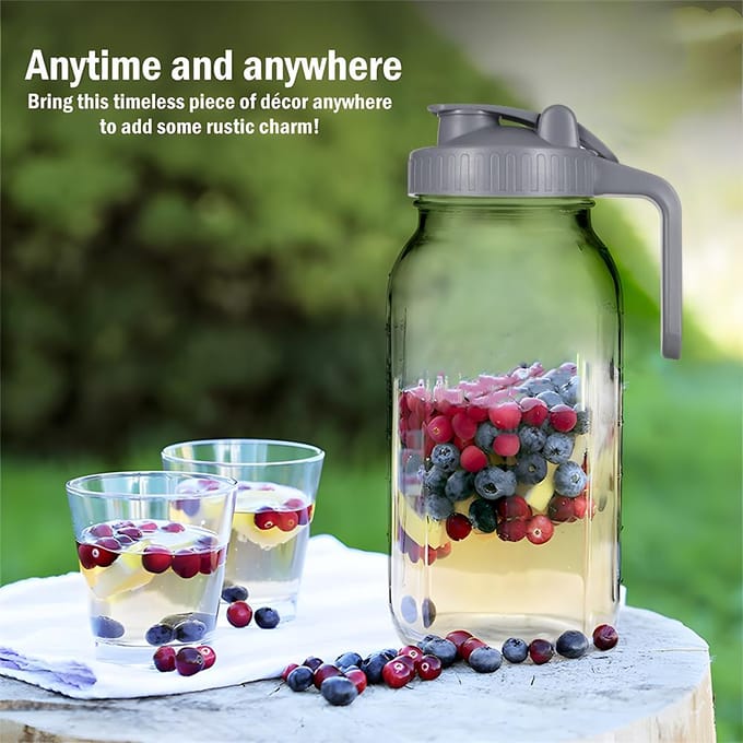 Glazen Mason Jar-werper met deksel 2 Quart (64oz / 2L) Lekvrije waterkan met brede opening en filter 32oz grijs
