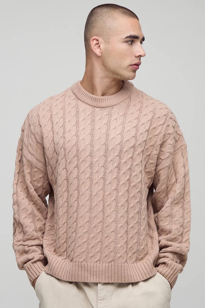 Essential Boxy Fit Cable Knitted Jumper | Taupe | Size Medium
