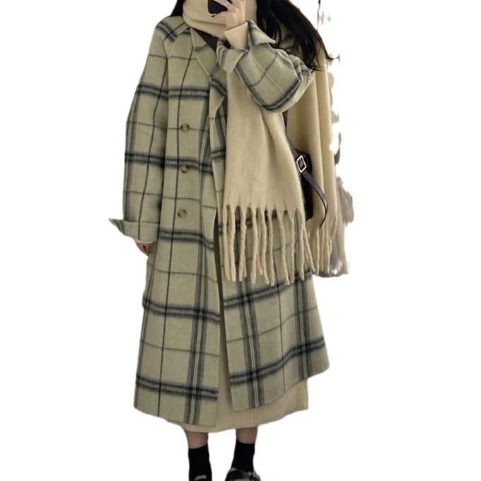 Winter Koreaanse Woljas Dames Woljas Dubbelzijdige Geruite Jas XL gray