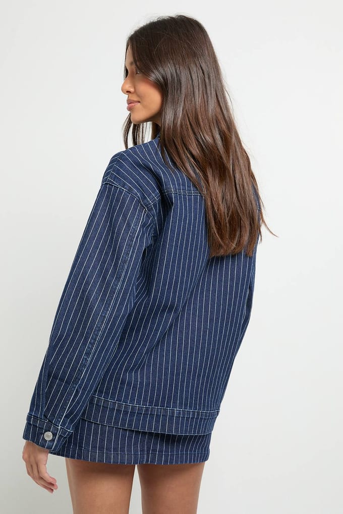 boohoo Dames Gestreepte denim jasje met kraag | Indigo | Maat: 16