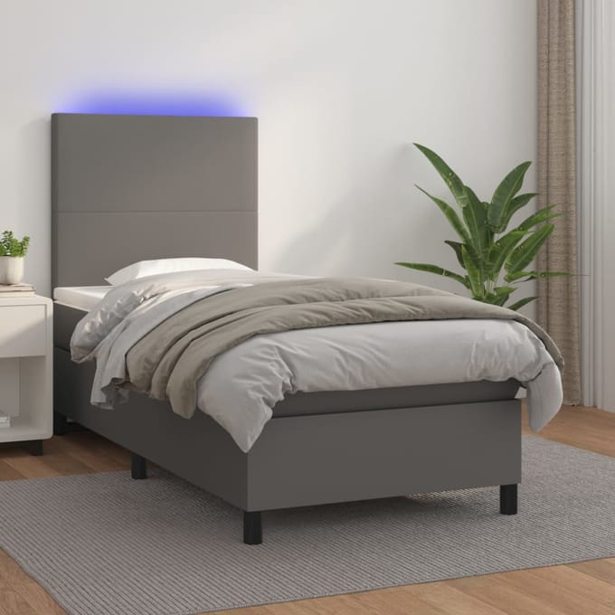 vidaXL - Boxspring - met - matras - en - LED - kunstleer - grijs - 80x200 - cm