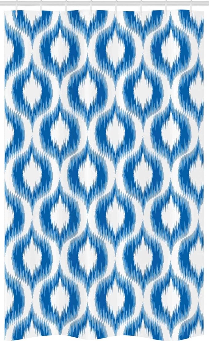 ABAKUHAUS Blauw Wit Smal Douchegordijn, Verschwommen Damast Motieven, Stoffen Badkamerdecoratieset met Haken, 120 x 180 cm, Blauw Wit
