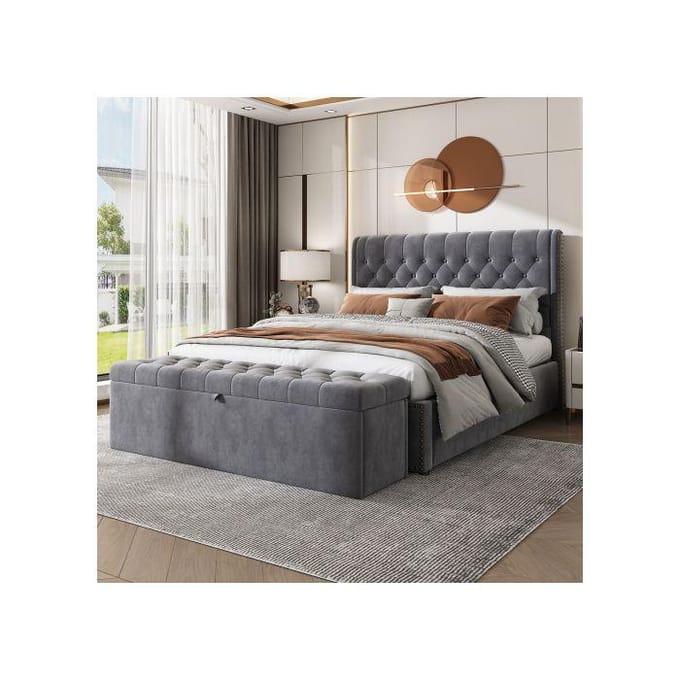 Bed - MUVOE - 140 x 200 cm - Gestoffeerd met fluweel - Opbergruimte - 2-persoons grijs