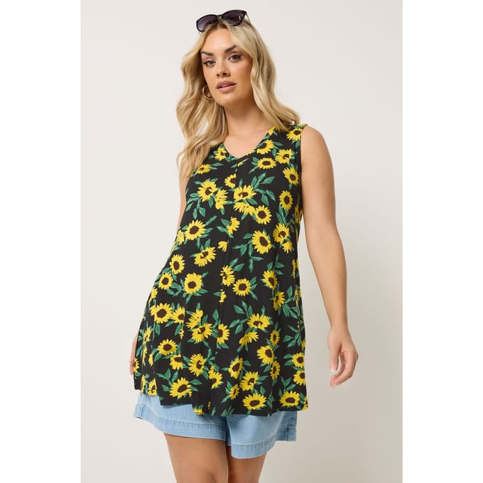 Yours Zwarte Topje Met Zonnebloemprint En Geplooide Voorkant Size 44