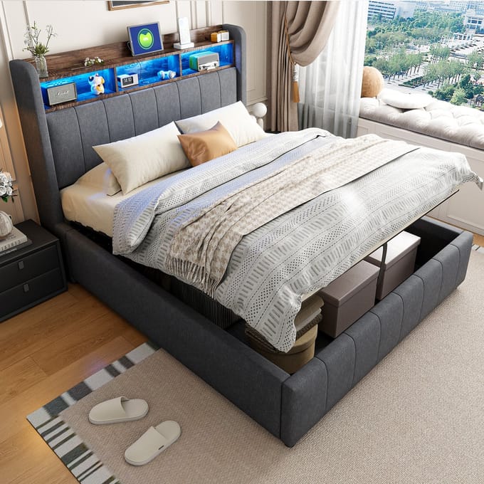 PHOEBE CAT Gestoffeerd bed - 140×200 cm - LED-verlichting - USB/Type-C - Opbergruimte - Linnen - Grijs