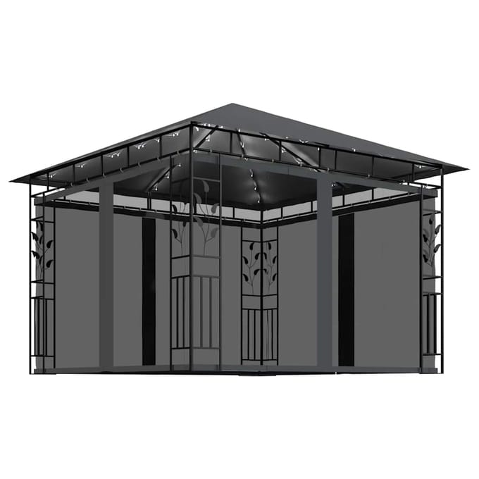 vidaXL - Prieel - met - klamboe - LED-lichtslinger - 3x3x2,73 - m - antracietkleurig