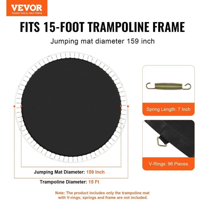Tapis de trampoline de remplacement pour cadre de 15 pieds 96 anneaux en V Longueur de ressort de 7 pouces