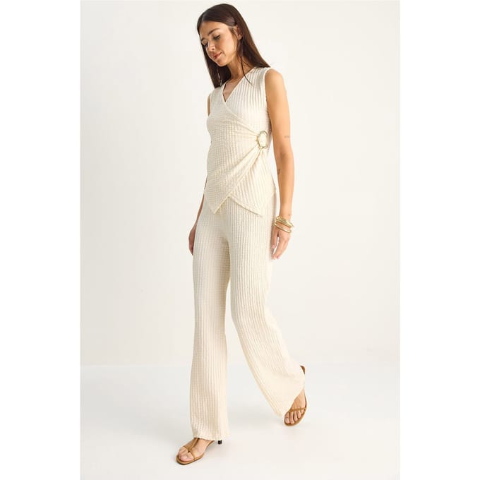 Geribbelde Mouwloze Blouse En Brede Pijpen Broek Set