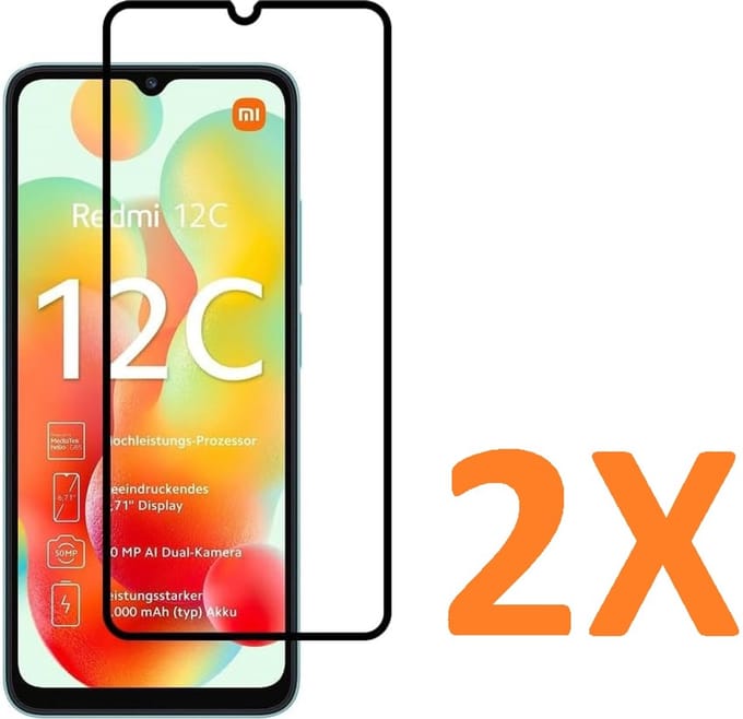 Screenprotector Geschikt voor: Xiaomi Redmi 12C - Full 2x - screen protector - volledige glas - bescherming - beschermglas - ZT Accessoires