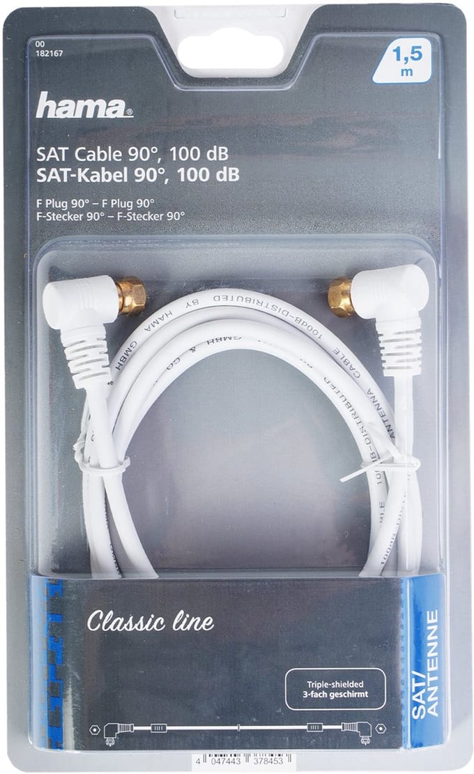 SAT-aansluitkabel hoek F-connector 1,5m 100dB filter verguld wit