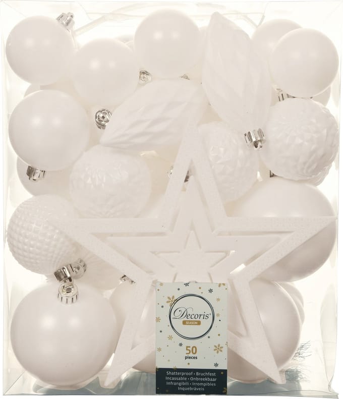 Decoris Kerstballen pakket met piek - 49 stuks - kunststof - wit - 5-6-8-10 cm - kerstversieringen - kerstboom
