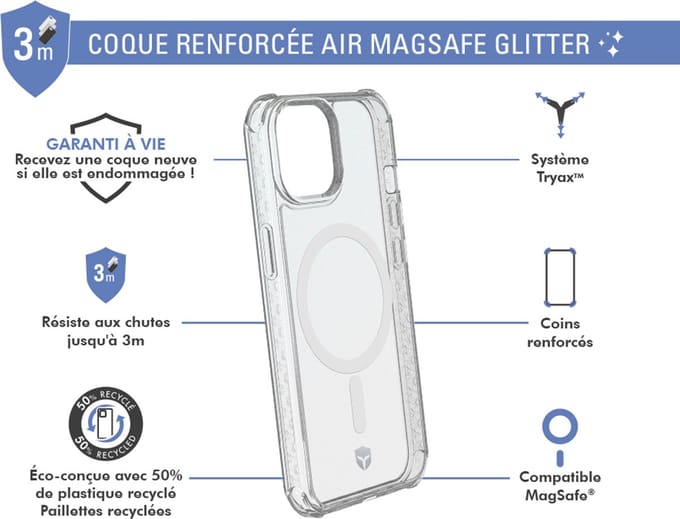 Force Case, Hoesje geschikt voor iPhone 15 - AIR Versterkt Tryax System 3m met Glitters, Transparant