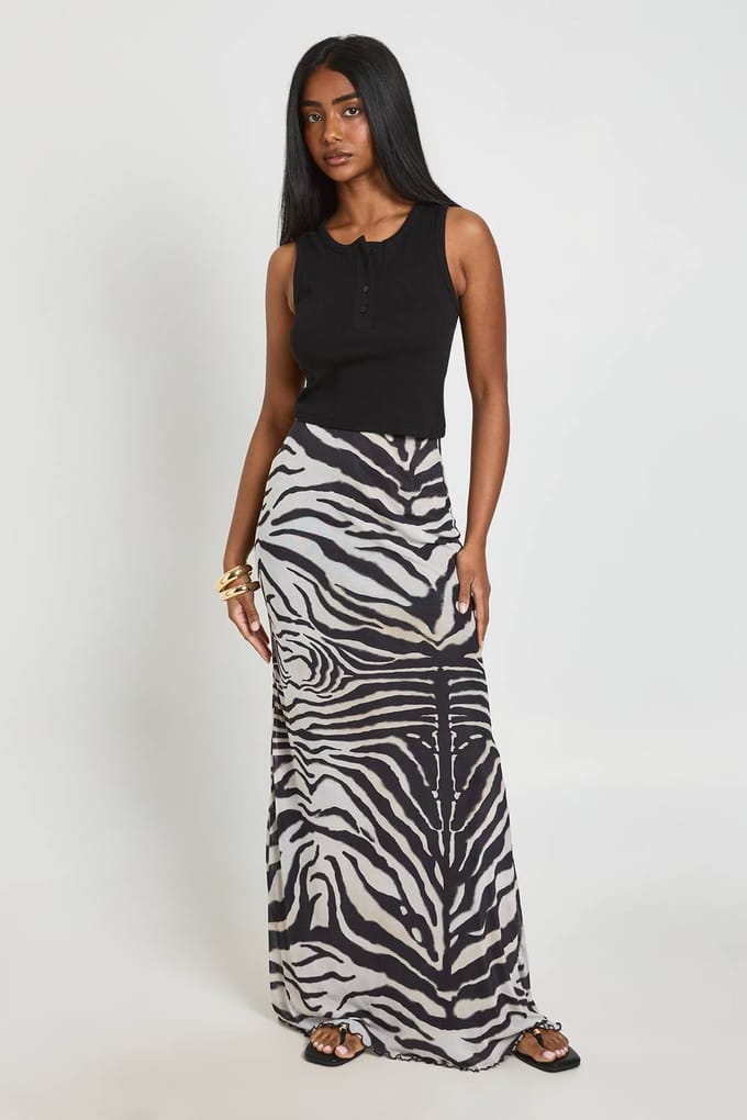 boohoo Dames Maxi Mesh Rok Met Zebraprint | Zwart | Maat: 38