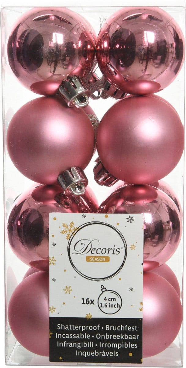 Decoris kleine kerstballen - 16x st - lippenstift roze - 4 cm - kunststof - kerstversiering