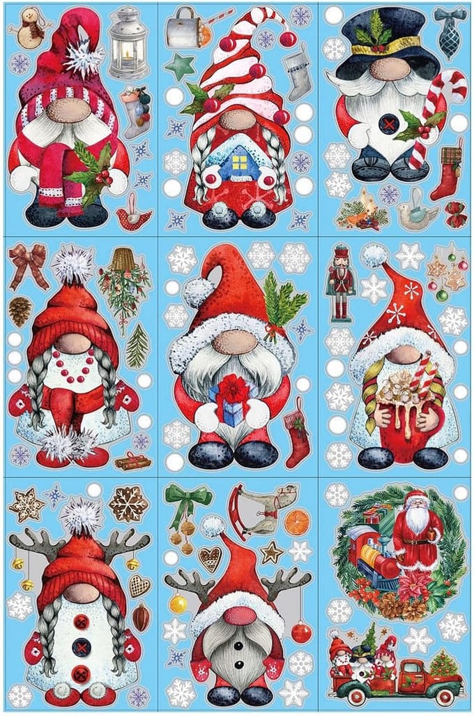 9 Sheets Christmas Window Stickers Double Sided Christmas Window Slings Tree Dwarf Santa Snowflakes PVC Static Window - ShopVlot