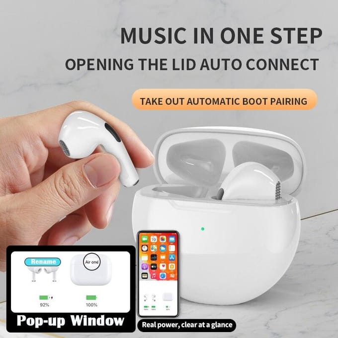 Air Pro 6 Draadloze Bluetooth-hoofdtelefoon Stereo-oortelefoon Sport Running Oortelefoon Mini-headset met microfoon voor Apple IPhone Xiaomi wit