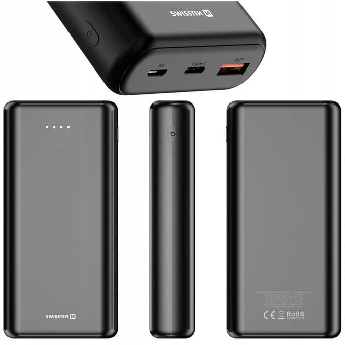 Swissten Powerbank Power Line - 20.000 mAh - USB & USB-C - Geschikt voor o.a. iPhone & Samsung - Zwart