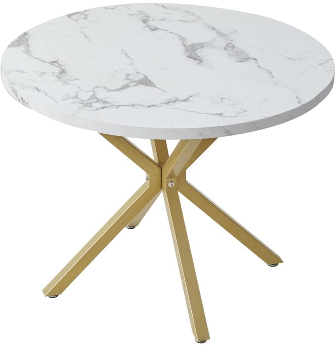 Geargalaxy Eettafel - Dining Tafel - Keukentafel - Restauranttafel - Eetkamertafel - Marmerlook Tafelblad - 100x77x3,5cm - Wit & Goud
