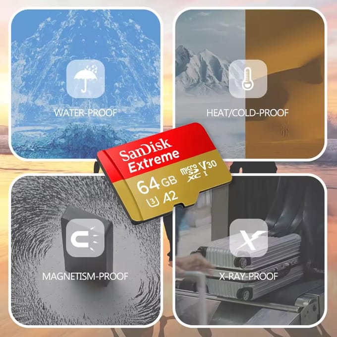 SanDisk Extreme microSDXC-kaart 64 GB Class 10, UHS-I, v30 Video Speed Class Schokbestendig, Waterdicht