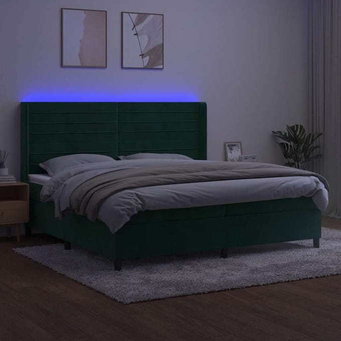 vidaXL - Boxspring - met - matras - en - LED - fluweel - donkergroen - 200x200 - cm