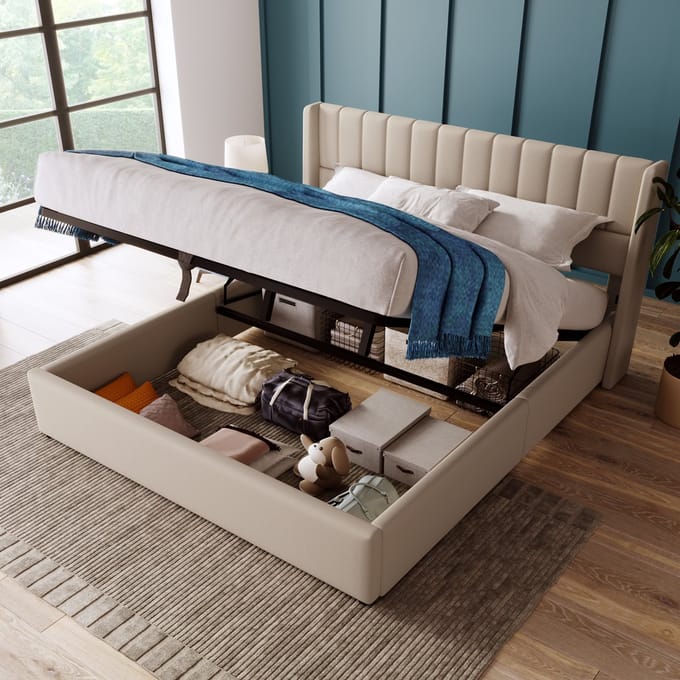MODFU Ledikant 140x200 cm – beige linnen – met hydraulische opbergruimte en gestoffeerd hoofdbord