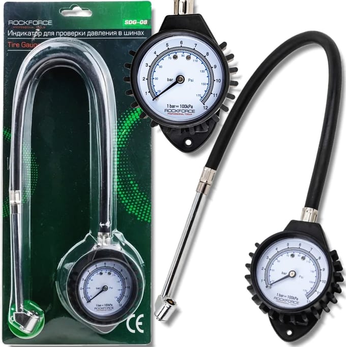 Rockforce - Bal Drukmeter - 0-12 Bar - Metalen Behuizing - 300 mm Elastsische Slang