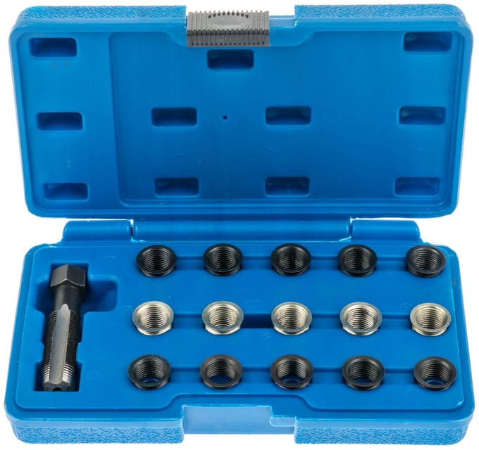 16 delige bougie draadreparatie set met tapse tapbout - m16 x 1,25 - bougiehulzen met inwendig m14 maat - bougiedraadreparatie set