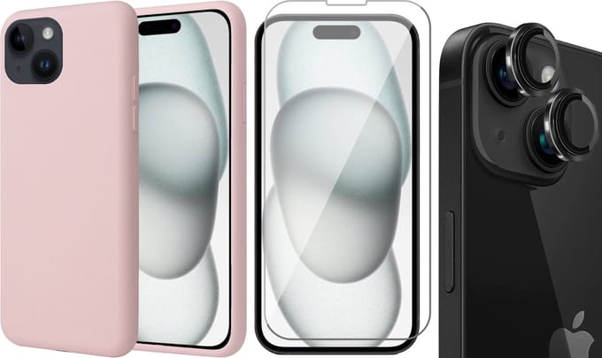 Hoesje geschikt voor iPhone 15 Plus - Screenprotector GlassGuard & Camera Lens Screen Protector Zwart - Back Cover Case SoftTouch Roze