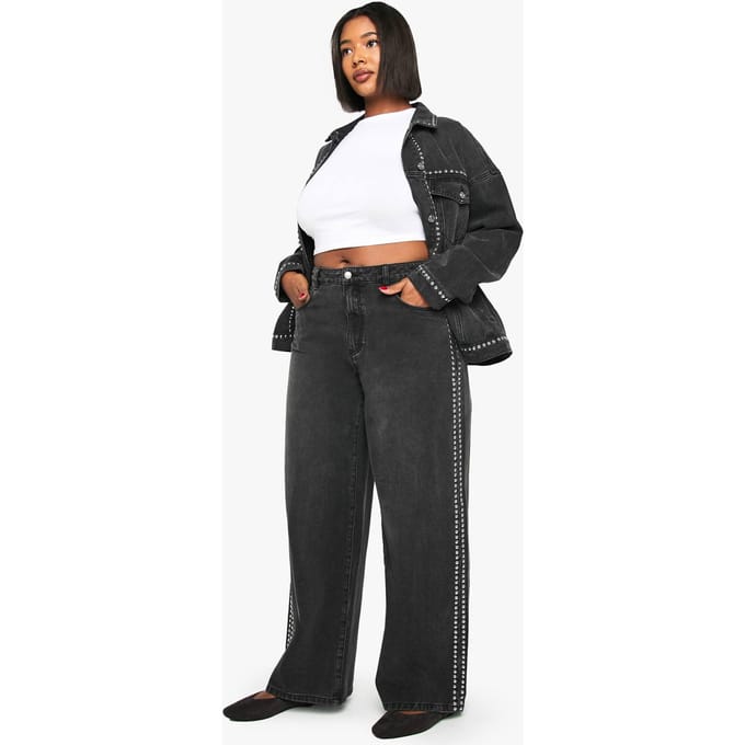 boohoo Dames Plus met studs versierde jeans met wijde pijpen | Black | Maat: 16