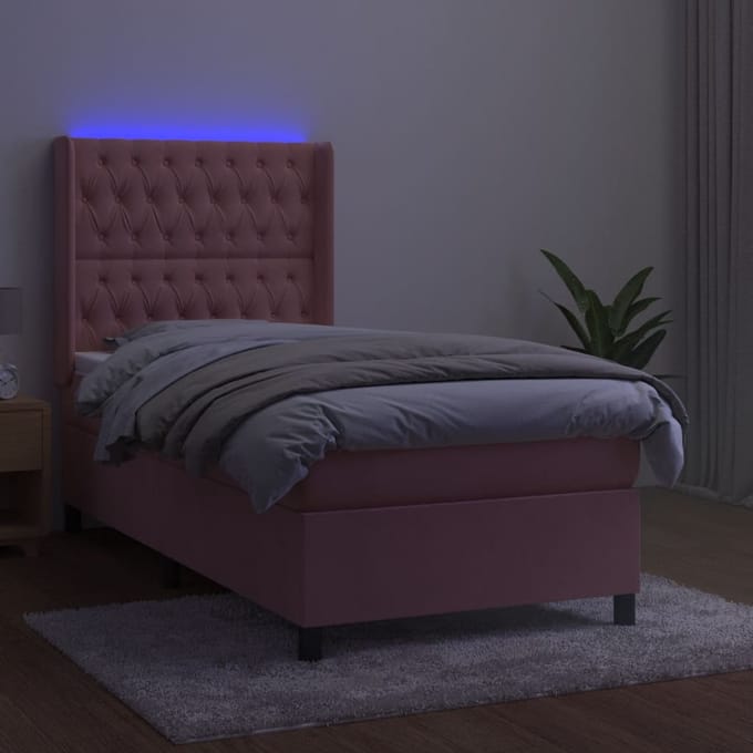 vidaXL - Boxspring - met - matras - en - LED - fluweel - roze - 90x200 - cm