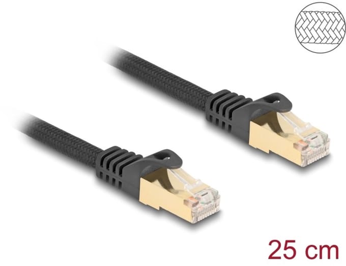 Delock RJ45 Network Cable with braided jacket Cat.6A S/FTP plug to plug 0.25 m black