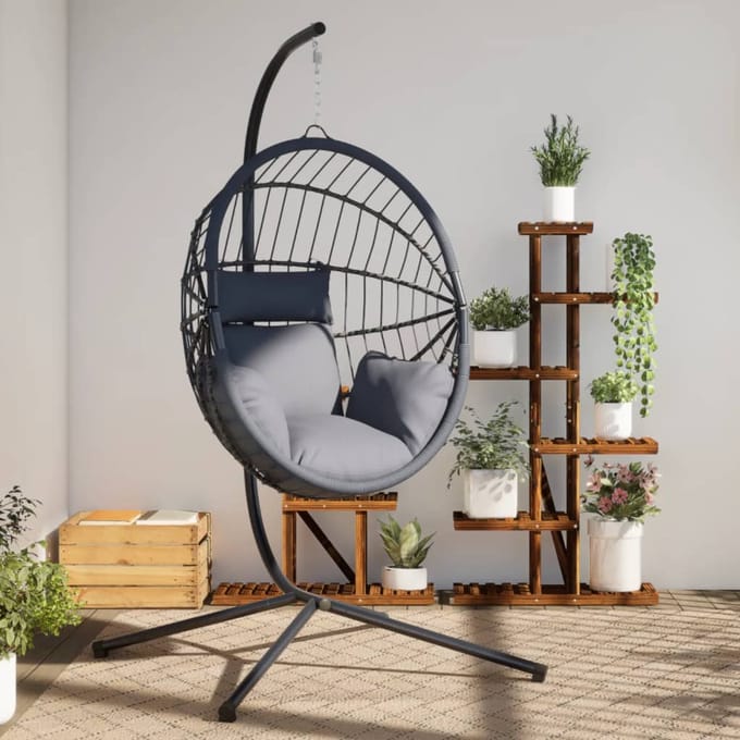 vidaXL - Hangstoel - met - standaard - rattan - en - staal - grijs
