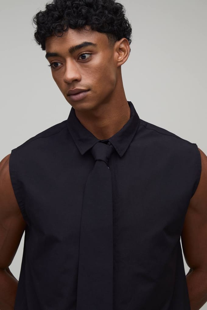 Regular Fit Mouwloos Overhemd Met Stropdas | Black | Size Medium