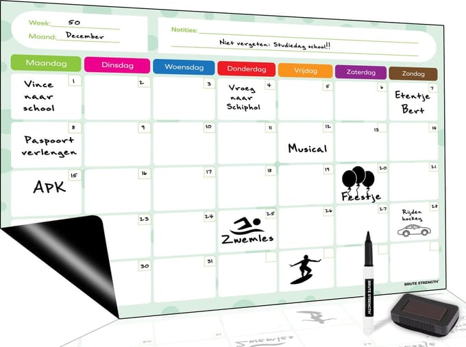 Brute Strength - Magnetisch Weekplanner whiteboard (8) - A3 - Planbord - Familieplanner - Gezinsplanner - To Do Planner - kind - Maandplanner