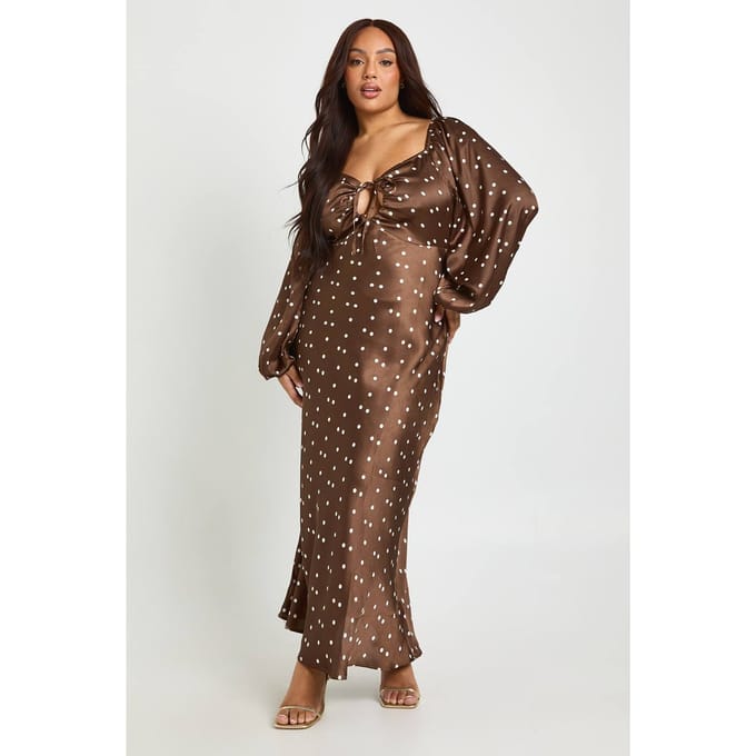 boohoo Dames Plus Polka Dot Volume Mouw Satijn Midaxi Jurk | Chocoladebruin | Maat: 48