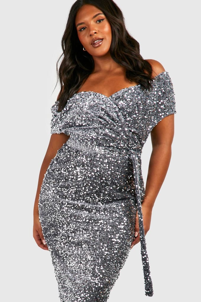 boohoo Dames Plus Pailletten Off-Shoulder Wikkel Midi Jurk | Silver | Maat: 28